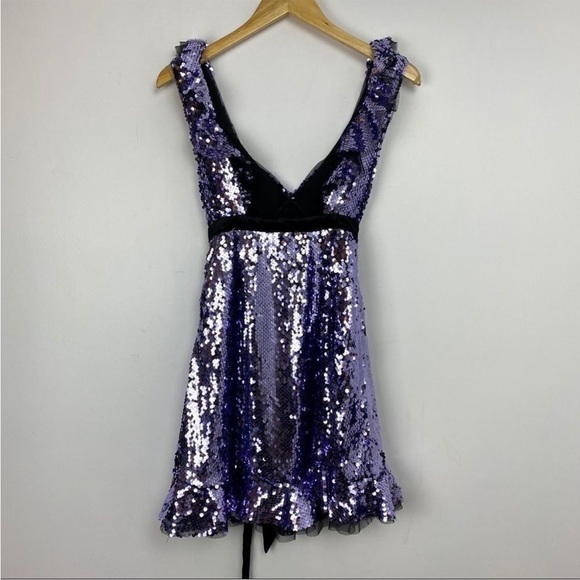Free People NWT Sequin Purple & Black Siren Mini Dress Plunging Neckline- Size 2 - Picture 6 of 9